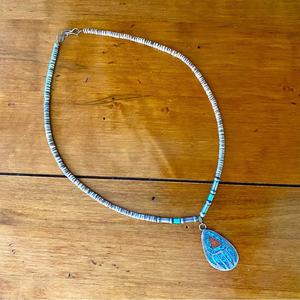 Vintage Native American Sterling Silver, Shell, and Turquoise Heishi Necklace